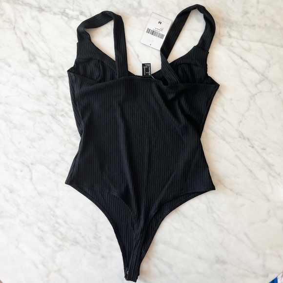 New with Tags - F21 Black Tank Bralette Style Thong Body Suit - Size M - Picture 3 of 5